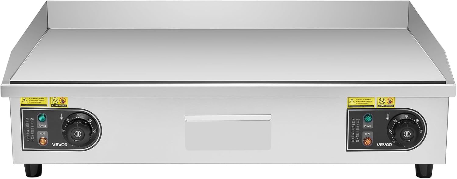 VEVOR Commercial Electric Griddle, 28.54 x 15.75 in, 4400W, 122-570°F Adjustable Temp Control, Stainless Steel Countertop Full Flat Top Grill with 2 Spatulas, 2 Brushes, for Steak, Pancake(NO PLUG)