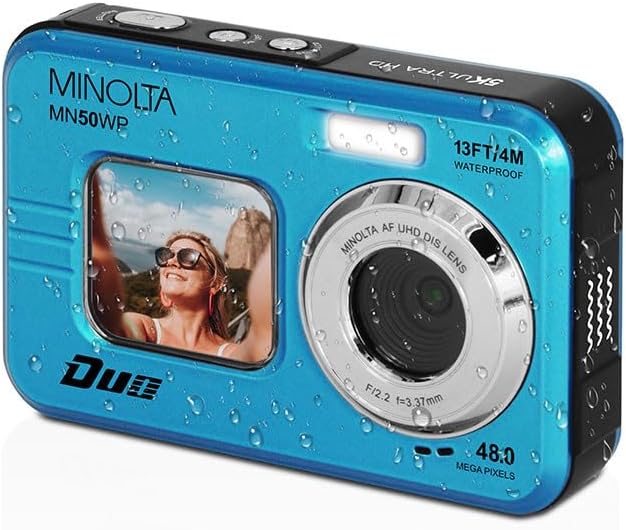 Minolta 48MP Underwater Digital Camera – 5K Ultra HD Video, Autofocus, 16x Digital Zoom, Dual LCD Screens, Selfie Front Screen, Waterproof to 13ft, Rechargeable Battery, 32GB Card (Blue)