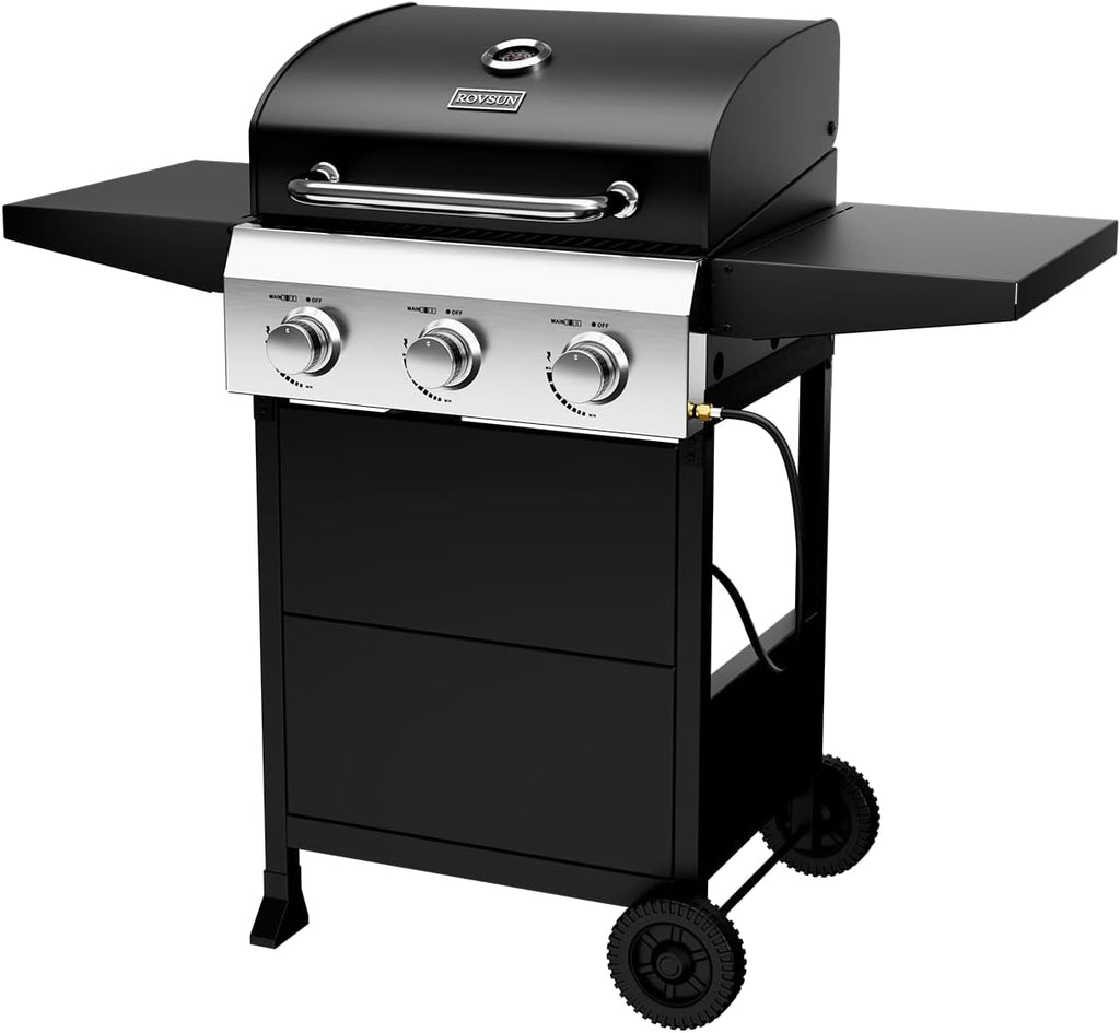 ROVSUN 3-Burner Propane Gas BBQ Grill with Foldable Side Tables & Enameled Cast Iron Grates, 36,000 BTU Barbecue Grill with Portable Wheels for Outdoor Patio Backyard Cooking Grilling, Black