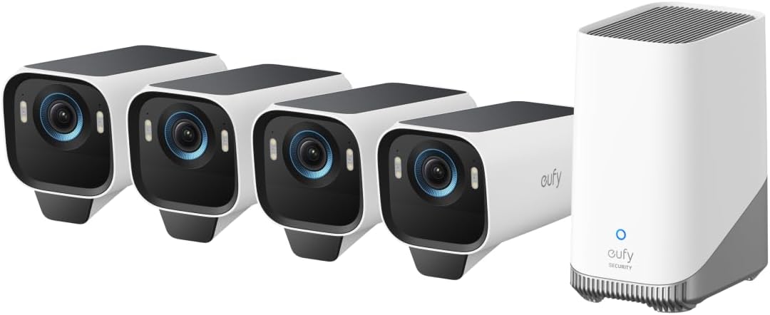 eufy Security eufyCam S3 Pro 4-Cam Kit, Solar Camera Outdoor Wireless, MaxColor Night Vision, 4K Security Camera with Solar Panel, Face Recognition, No Monthly Fee, Built-in Local Storage (Up to 16TB)