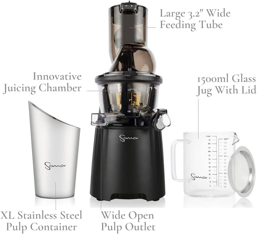 SANA 868 Wide Mouth Premium Cold Pressed Vertical Juicer | Patented Trap Door System | Includes 2 Premium Accessories | 240W High Torque Motor | 15 Year Warranty (Black)
