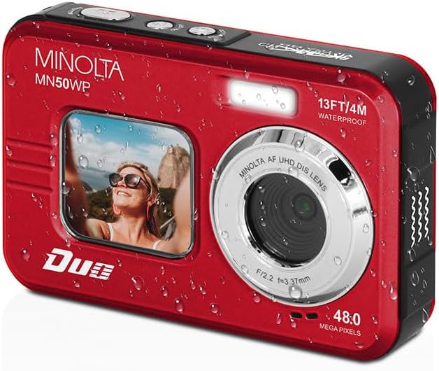Minolta 48MP Underwater Digital Camera – 5K Ultra HD Video, Autofocus, 16x Digital Zoom, Dual LCD Screens, Selfie Front Screen, Waterproof to 13ft, Rechargeable Battery, 32GB Card (Red)