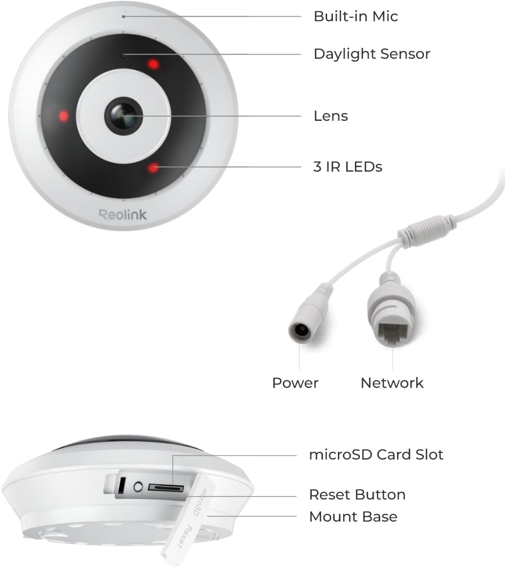 REOLINK WiFi Security Fisheye Camera, 2K+ 6MP 360° Panorama, 2.4/5GHz WiFi Indoor Wireless Security Camera, Person Motion Detection, Ceiling/Wall/Desk Mount, Supports up to 512GB microSD, FE-W (White)