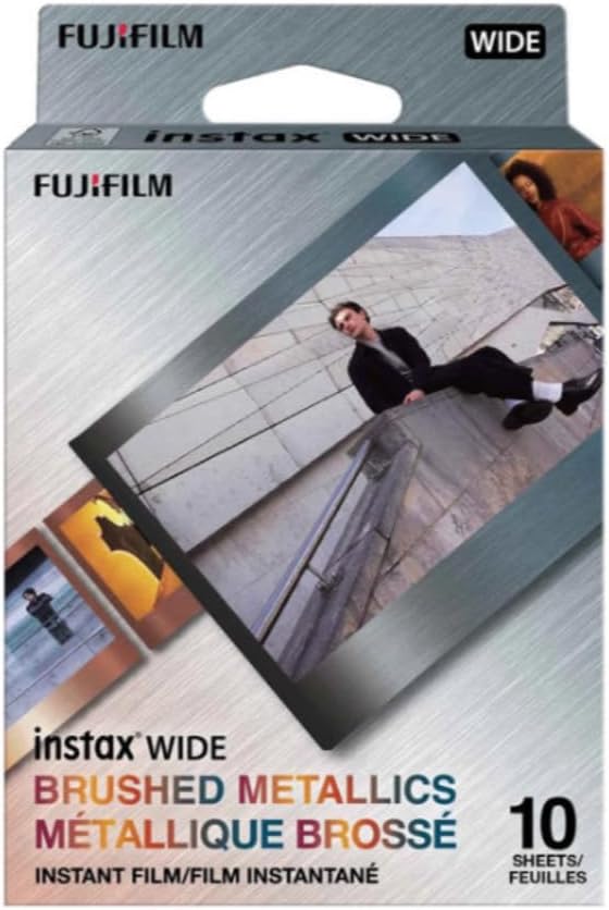 FUJIFILM INSTAX Wide EVO Hybrid Instant Camera | Black Bundle with 10 Exposures of Brushed Metallics Film + 20 Exposures of Film + Photo Album & Colored Frames + Cleaning Cloth (5 Items)