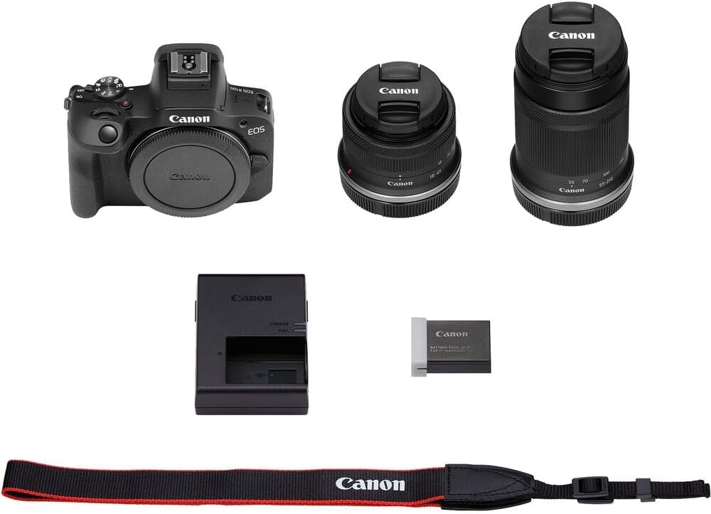 Canon EOS R100 Mirrorless Camera with RF-S18-45mm F4.5-6.3 IS STM Lens & RF-S55-210mm F5-7.1 IS STM, 24.1 Megapixel (APS-C Sensor) | Black Bundled with 64GB Memory Card & Camera Shoulder Bag (3 Items)