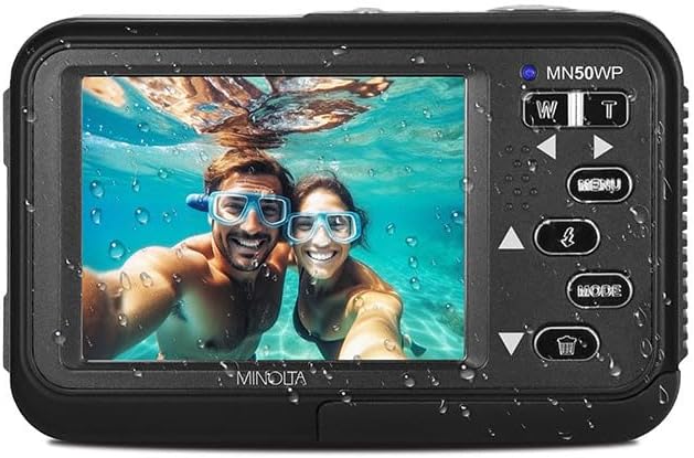 Minolta 48MP Underwater Digital Camera – 5K Ultra HD Video, Autofocus, 16x Digital Zoom, Dual LCD Screens, Selfie Front Screen, Waterproof to 13ft, Rechargeable Battery, 32GB Card (Black)