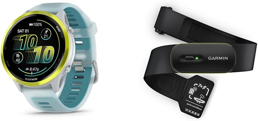 Bundle of Garmin® Forerunner® 570, 47mm, GPS Running Smartwatch, AMOLED Display, Training and Recovery Features, Amp Yellow Aluminum with Translucent Whitestone/Turquoise Band + Garmin® HRM 600 M-XL