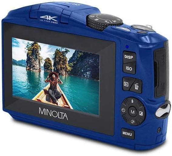 Minolta 64MP Digital Camera – 4K Ultra HD Video at 60FPS, 16x Digital Zoom, WiFi, CMOS Sensor, 3-inch LCD Display, Auto Exposure - Includes 32GB Memory Card, Rechargeable Battery (Blue)