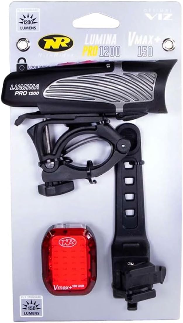 NiteRider Lumina Pro 1200 + Vmax+ 150 Bike Light Set USB-C Rechargeable Bicycle Headlight LED Front and Rear Combo IP64 Water Resistant Mountain Road City Commuting Cycling Safety Flash