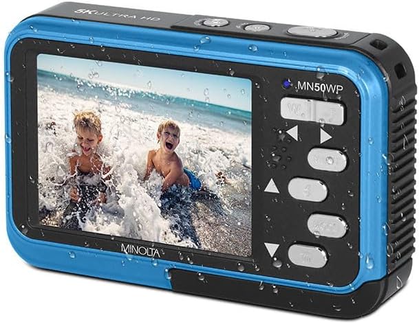 Minolta 48MP Underwater Digital Camera – 5K Ultra HD Video, Autofocus, 16x Digital Zoom, Dual LCD Screens, Selfie Front Screen, Waterproof to 13ft, Rechargeable Battery, 32GB Card (Blue)