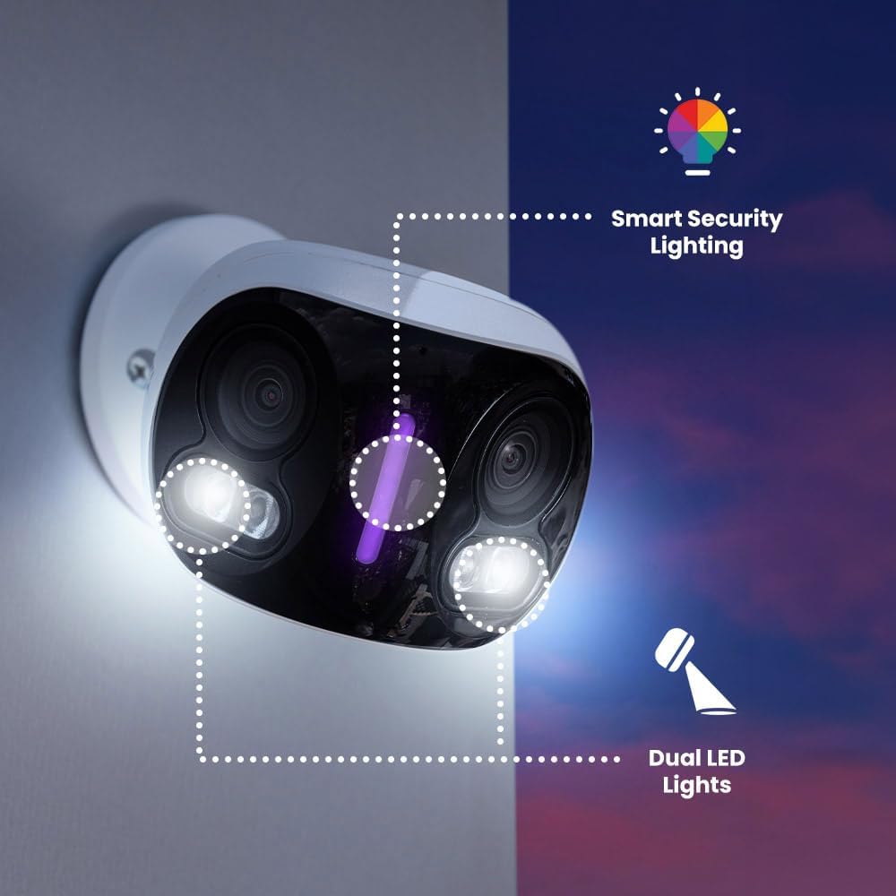 Lorex 4K 8MP IP Wired Dual-Lens Add-On Outdoor Security Camera | Smart Security Lighting | Motion Detection | 180° Panoramic View | Auto Framing | Color Night Vision | 2-Way Talk | Requires Recorder