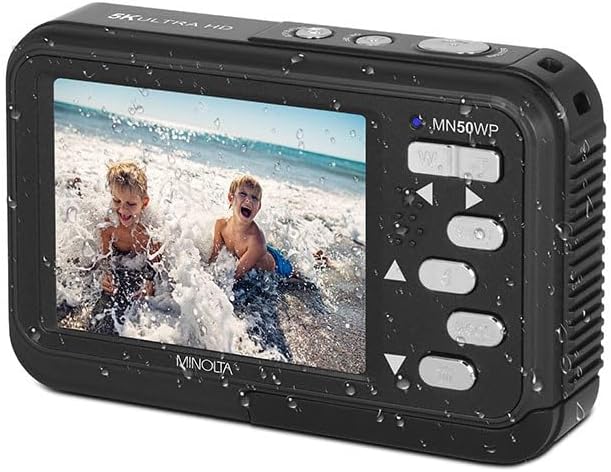 Minolta 48MP Underwater Digital Camera – 5K Ultra HD Video, Autofocus, 16x Digital Zoom, Dual LCD Screens, Selfie Front Screen, Waterproof to 13ft, Rechargeable Battery, 32GB Card (Black)
