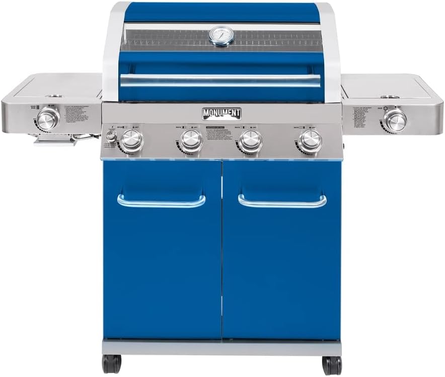 Monument Grills Larger 4+2 Burner Propane Gas Grills Stainless Steel Cabinet Style with Clearview® Lid, Knob Controls, Built-In Thermometer, Infrared Side Sear Burners & Side Burners, Blue