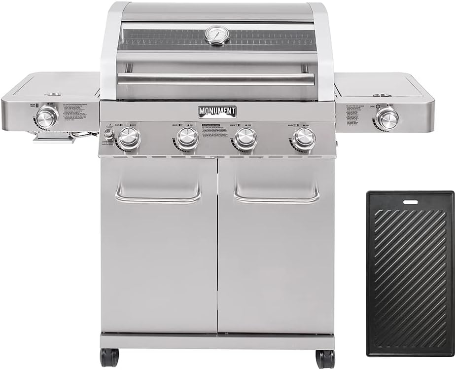 Monument Grills Larger 4-Burner Propane Gas Grills Stainless Steel Cabinet Style with Infrared Side Sear & Side Burners with Cooking Plate(2 Items), Outdoor Use