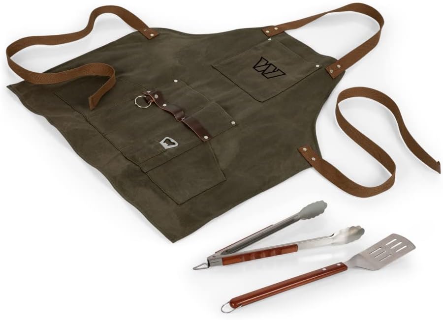 PICNIC TIME NFL BBQ Apron with Tools & Bottle Opener, (Khaki Green with Beige Accents)