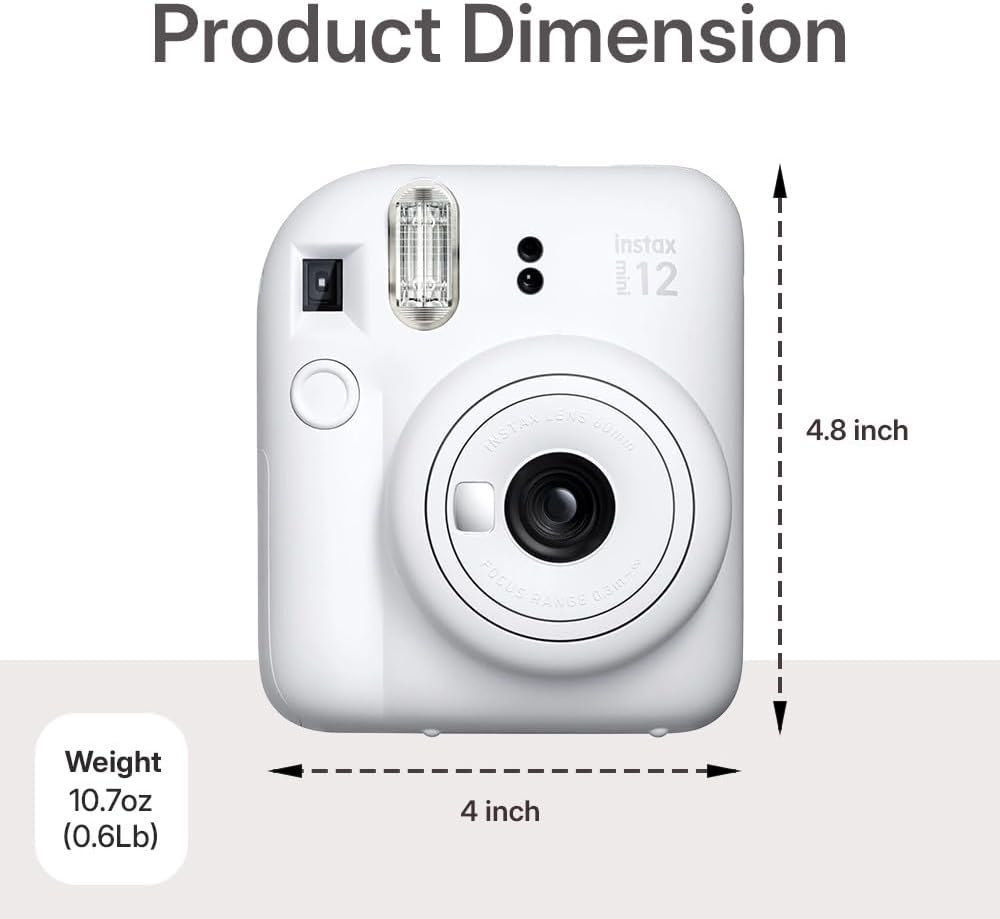 Fujifilm Instax Mini 12 Instant Camera Clay White Bundle – Includes 40-Sheets Instax Mini Film, Protective Case, and Mini Photo Album