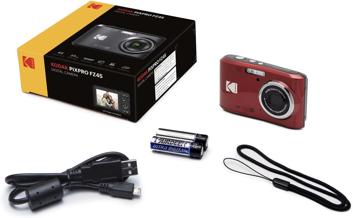Kodak PIXPRO FZ45 Friendly Zoom 16MP Full HD Digital Camera, Bundle with 32GB Memory Card and Camera Bag, Flexible Tripod, and Card Reader (Red)