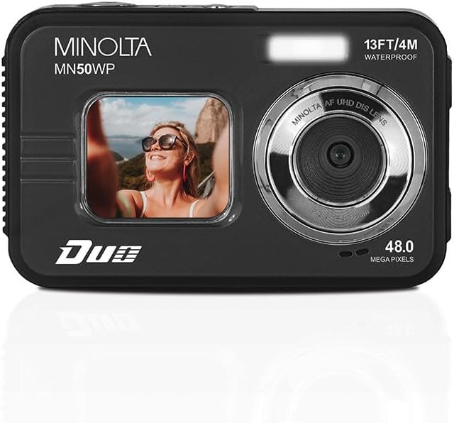 Minolta 48MP Underwater Digital Camera – 5K Ultra HD Video, Autofocus, 16x Digital Zoom, Dual LCD Screens, Selfie Front Screen, Waterproof to 13ft, Rechargeable Battery, 32GB Card (Black)