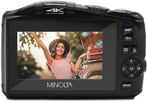 Minolta 64MP Digital Camera – 4K Ultra HD Video at 60FPS, 16x Digital Zoom, WiFi, CMOS Sensor, 3-inch LCD Display, Auto Exposure - Includes 32GB Memory Card, Rechargeable Battery (Black)