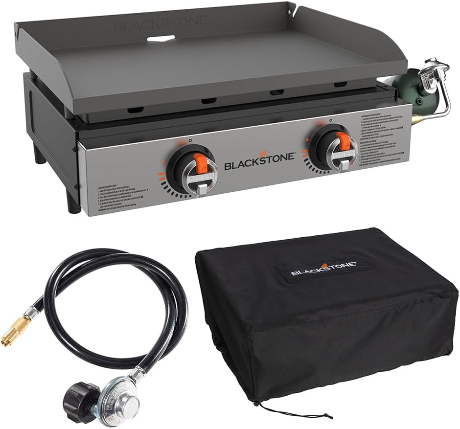 Blackstone 22' Omnivore Tabletop Outdoor Griddle Travel Bundle - Dual Stainless Steel H-Burners, 24,000 BTUs - Includes Propane Adapter and Soft Cover