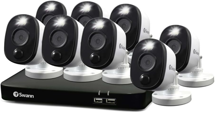 Swann Home/Business Wired DVR, 1080p Full HD Security Camera System, 8 Channels, 8 Cameras Indoor/Outdoor, 1TB HDD Storage, Color Night Vision, Sensor Spotlights, 24/7 Recording