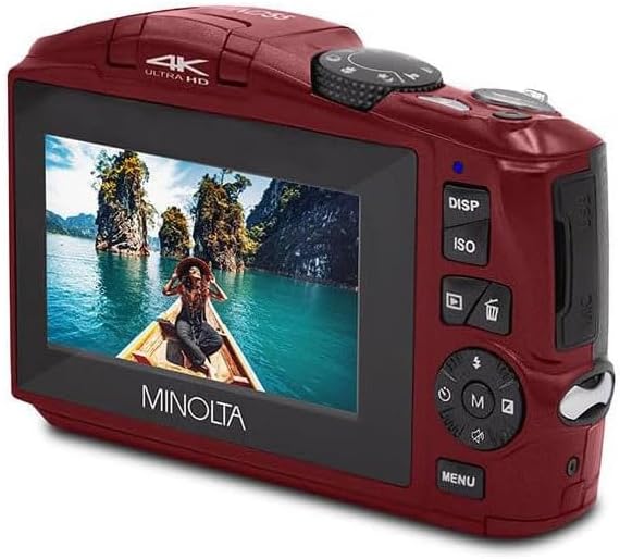 Minolta 64MP Digital Camera – 4K Ultra HD Video at 60FPS, 16x Digital Zoom, WiFi, CMOS Sensor, 3-inch LCD Display, Auto Exposure - Includes 32GB Memory Card, Rechargeable Battery (Red)