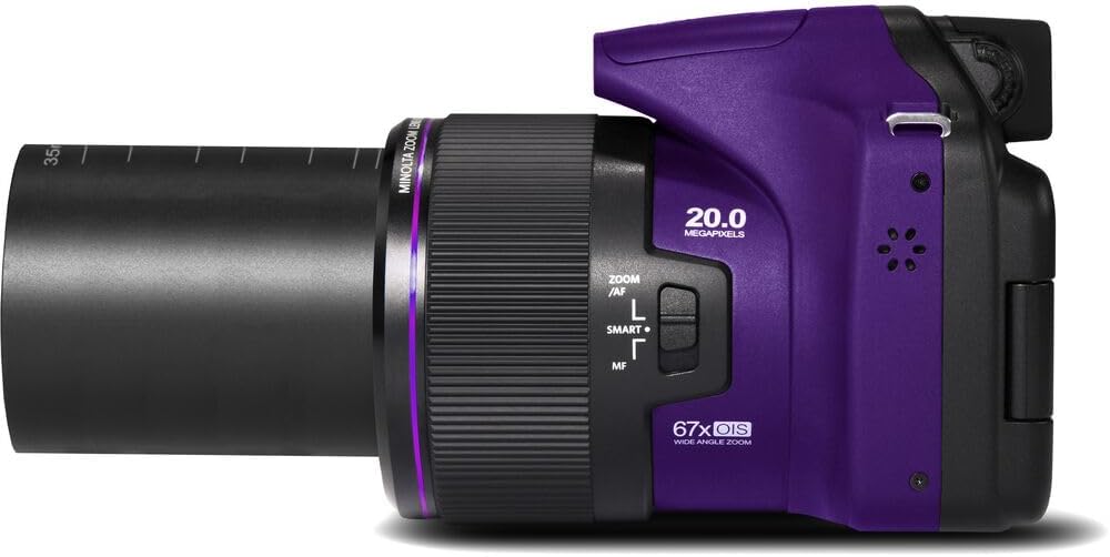 MINOLTA MN67Z 20 MP / 1080P FHD Bridge Digital Camera w/67x Optical Zoom (Purple) Bundle with 32GB Memory Card + Camara Bag + Cleaning Kit + Vlogging Tripod + Accessories