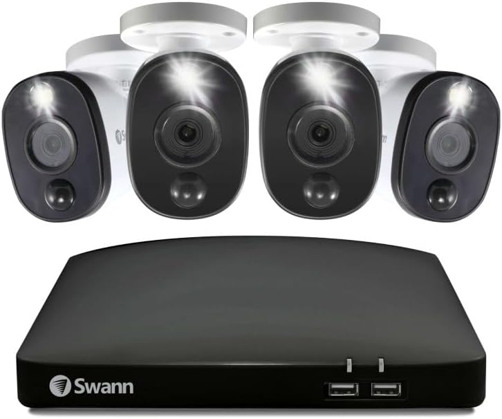 Swann Home/Business Wired DVR, 1080p Full HD Security Camera System, 8 Channels, 4 Cameras Indoor/Outdoor, 1TB HDD Storage, Color Night Vision, Sensor Spotlights, 24/7 Recording