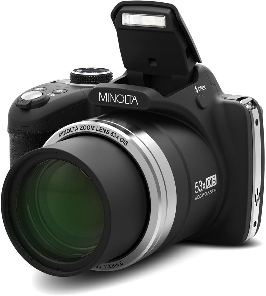 MINOLTA MN53Z 16 MP / 1080P FHD Bridge Digital Camera w/53x Optical Zoom (Black) Bundle with 32GB Memory Card + Camara Bag + Cleaning Kit + Vlogging Tripod + Accessories
