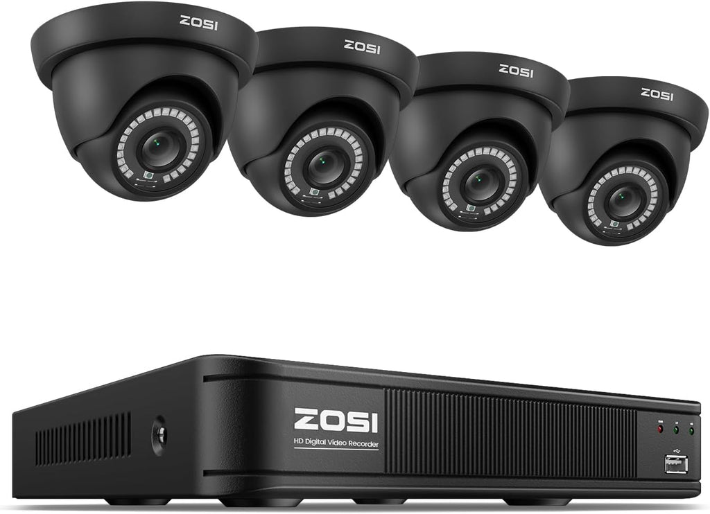 ZOSI 8CH H.265+ Home Security Camera System Outdoor, 8 Channel 1080p HD-TVI DVR & 4 x 720p Surveillance CCTV Dome Camera with Motion Detection, 80ft IR Night Vision, Remote Access (No Hard Drive)
