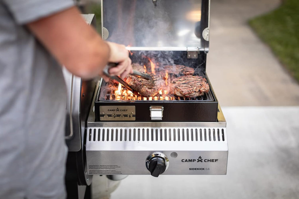 Camp Chef Sidekick Sear - Includes BBQ Box for Pellet Grill - Accessory for Outdoor Cooking - Sear & Grill with Ease - 14' Cooking System Compatible, Silver
