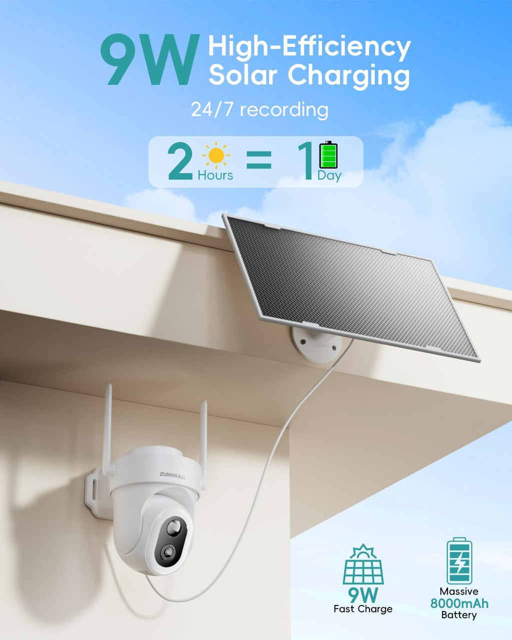 ZUMIMALL 9W Solar Security Cameras Wireless Outdoor, AOV 24/7 Recording Cameras for Home Security, 360° View, 2K Color Night Vision, 2-Way Talk, 2.4GHz WiFi, Auto Tracking, SD/Cloud/Alexa/AI (2-Pack)