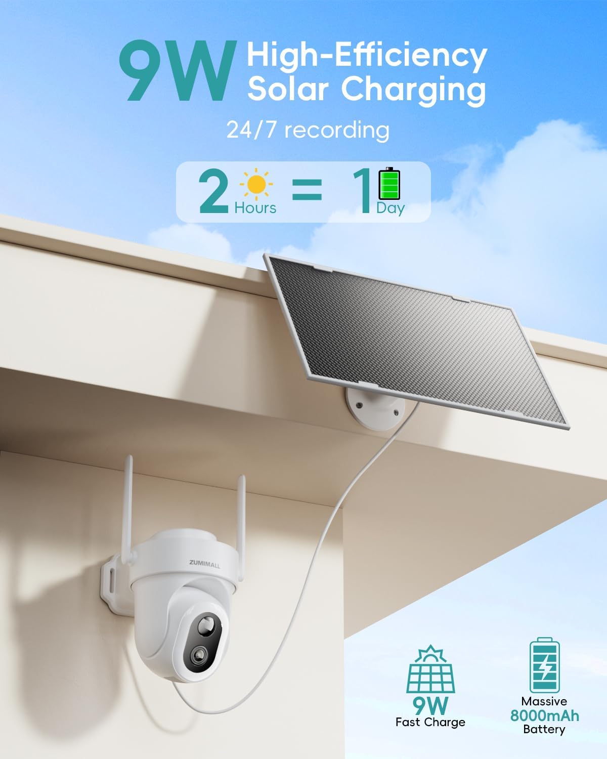 ZUMIMALL 9W Solar Security Cameras Wireless Outdoor, AOV 24/7 Recording Cameras for Home Security, 360° View, 2K Color Night Vision, 2-Way Talk, 2.4GHz WiFi, Auto Tracking, SD/Cloud/Alexa/AI (2-Pack)