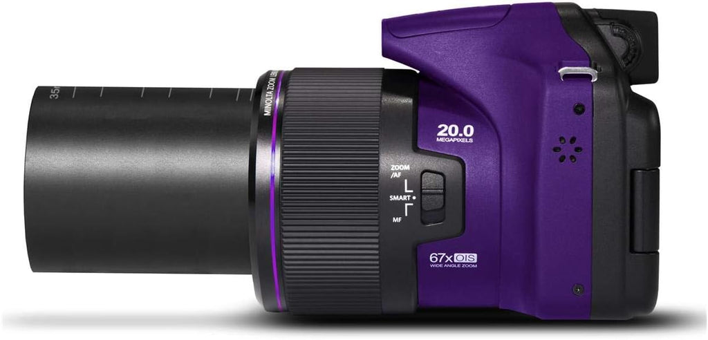 Minolta Pro Shot 20MP Digital Camera – 67x Optical Zoom, Full 1080p HD Video, Optical Image Stabilization, Wi-Fi, 3-inch Articulating LCD Screen, 27 Scene Modes – Includes 16GB SD Card (Purple)