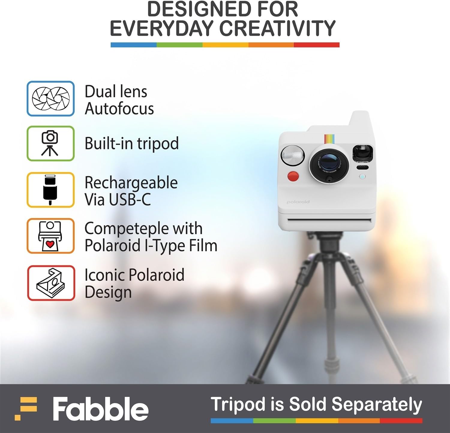 Polaroid Now+ Generation 3 I-Type Instant Film Camera (White) Bundle with Polaroid Color I-Type Film (8 Exposures), Hard Protective Case and USB-C 6 ft. Cable