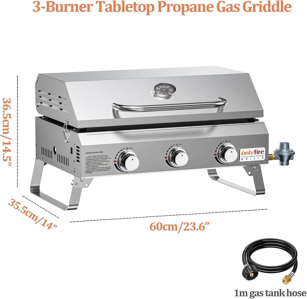 ONLYFIRE GRILLS Tabletop Gas Griddle with Foldable Legs, Portable 3-Burner Propane Gas Grill Griddle Flat Top for Outdoor Cooking Patio Barbecue Camping Tailgating RV BBQ, Stainless Steel, #GS309