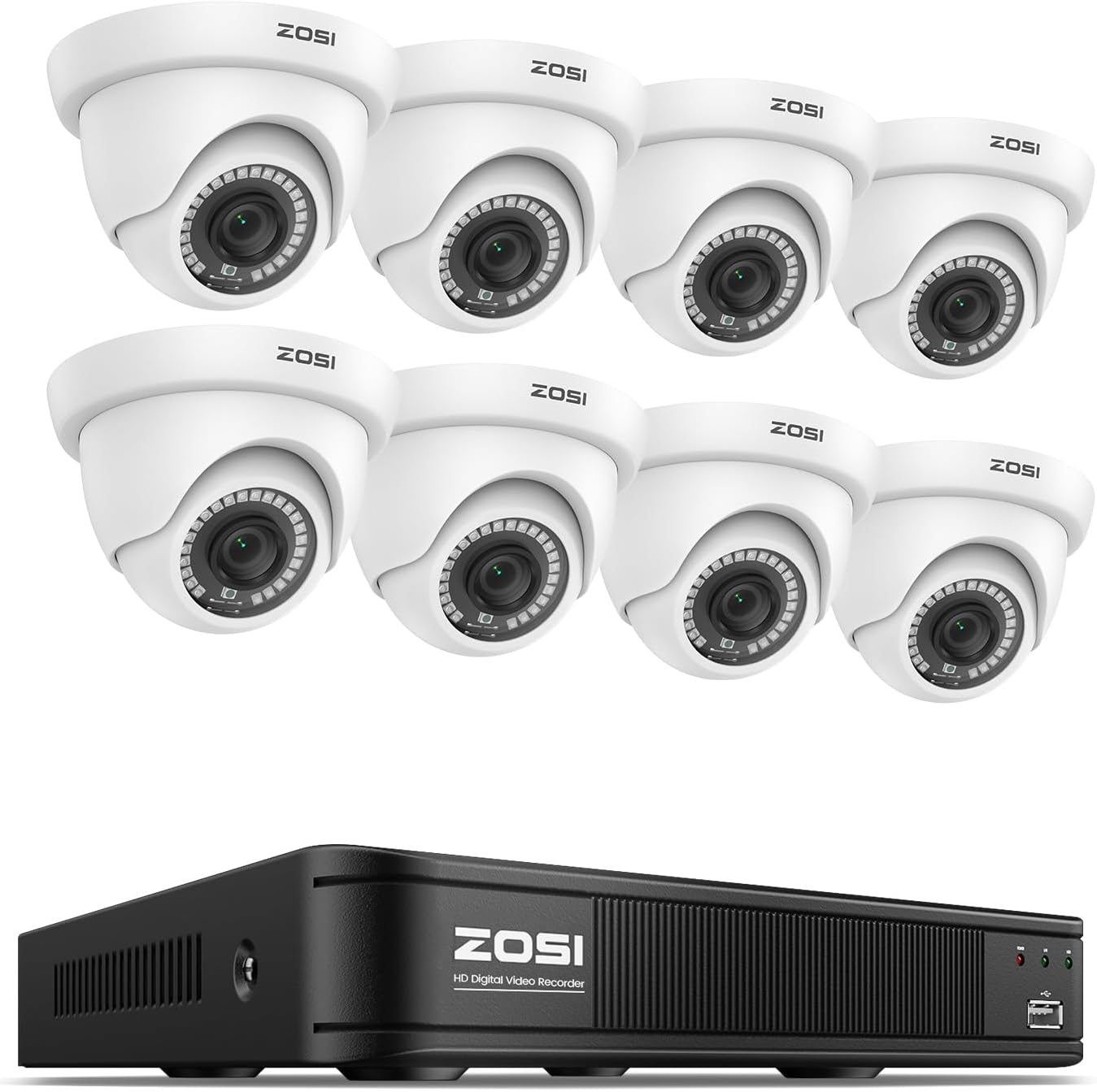 ZOSI 1080P H.265+ Home Security Camera System, AI Human Vehicle Detect, 5MP Lite 8 Channel Surveillance DVR, 8 x 1080p Weatherproof CCTV Dome Camera Outdoor, 80ft Night Vision, Remote Access (No HDD)