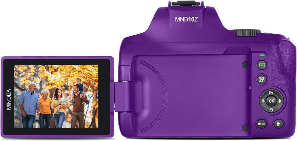 Minolta 64 Mega Pixels Auto Focus Digital Camera with 10x Optical Zoom,4K Ultra HD Video and Macro Shooting, Bundle with 32 GB Memory Card + Vlogging Tripod + Cleaning kit + More Accessories - Purple