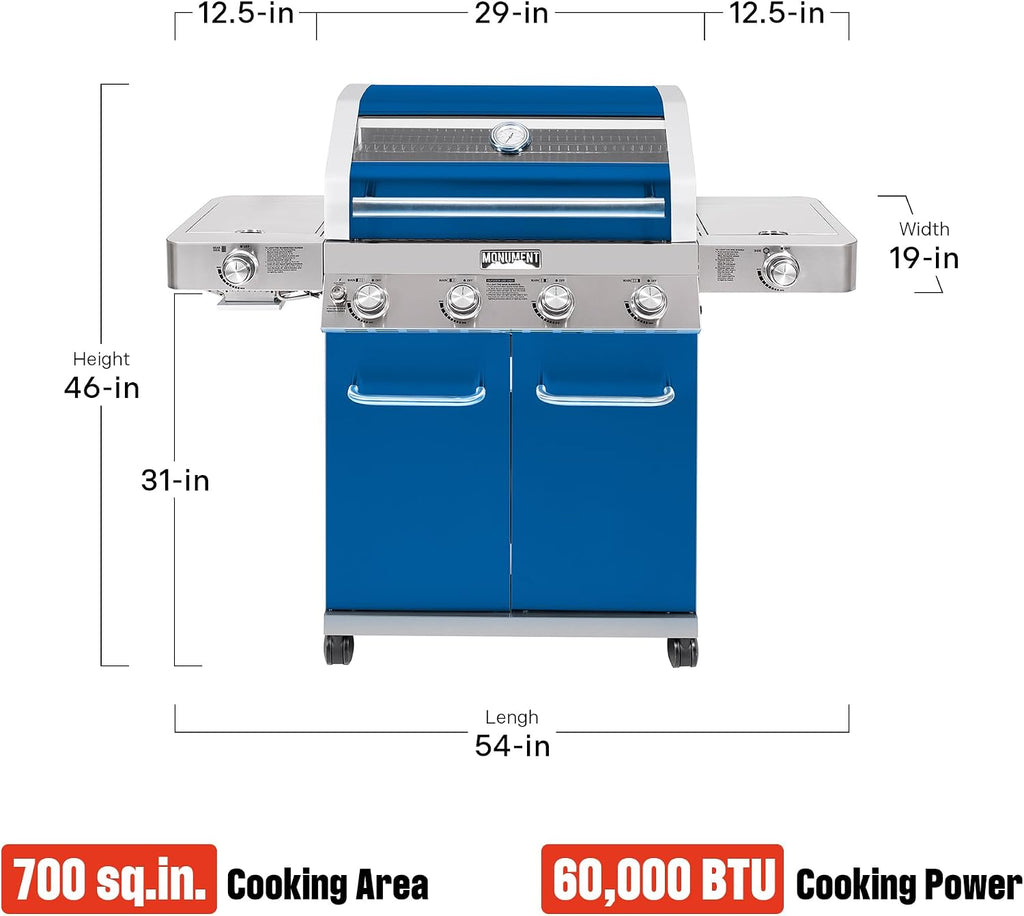 Monument Grills Larger 4+2 Burner Propane Gas Grills Stainless Steel Cabinet Style with Clearview® Lid, Knob Controls, Built-In Thermometer, Infrared Side Sear Burners & Side Burners, Blue