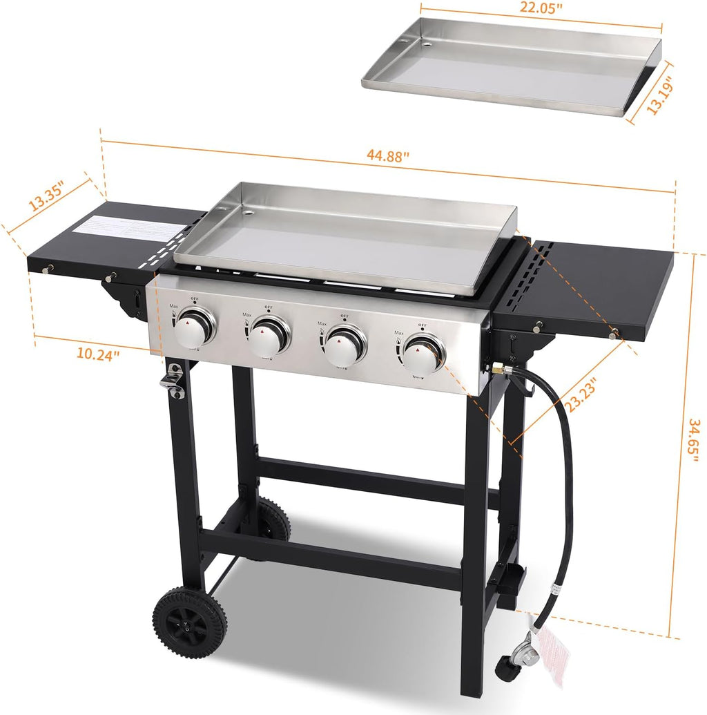 Propane Gas Griddle 4-Burner, Flat Top Grill Griddle, Outdoor Gas Stove with Foldable Side Tables, Wheels - 40,000 BTUs Output, 291 sq.in Cooking Area, for Patio Barbecue, Backyard, BBQ
