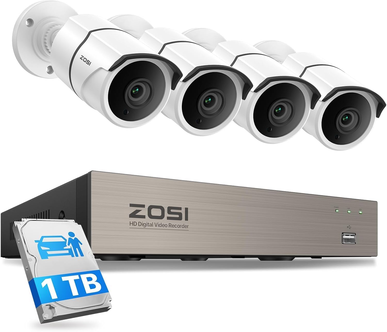 ZOSI 8CH 3K Lite Home Security Camera System, AI Human/Vehicle Detection, 120ft Night Vision, 4pcs 1080P Metal Weatherproof Cameras with Audio, H.265+ 8Channel DVR with 1TB HDD for 24/7 Recording