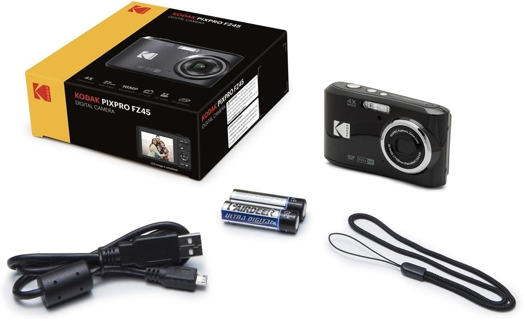 KODAK PIXPRO FZ45 16MP Digital Camera with 4X Optical Zoom 27mm Wide Angle and 2.7' LCD Screen Bundle with 32GB SD Memory Card, AA Batteries (4 Pack), Lens Cleaning Cloth (Black)