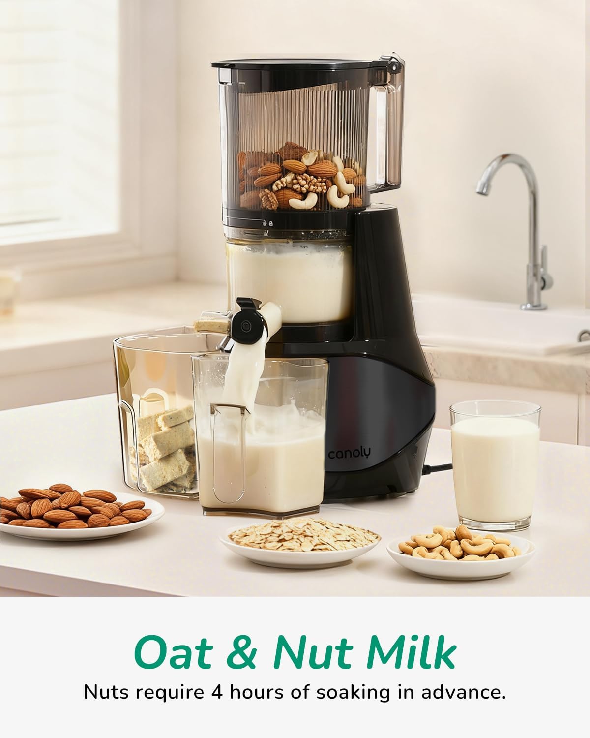 Canoly C09 Cold Press Juicer, 6' Extra Wide Feed Chute, 3-IN-1 Strainers (Juice & Sorbet & Nut Milk), Powerful AC Brushless Motor, Self Precut System, Juicer Machines with BPA-Free (Black)