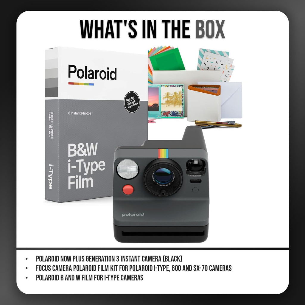 Polaroid Now Generation 3 Instant Camera with Built-in Tripod Mount and Two-Lens Autofocus System (Black) Bundle with Film Kit and B and W Film for i-Type Cameras (3 Items)
