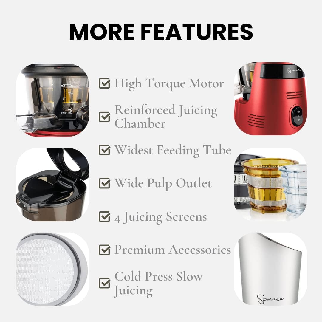 SANA 868 Wide Mouth Premium Cold Pressed Vertical Juicer | Patented Trap Door System | Includes 2 Premium Accessories | 240W High Torque Motor | 15 Year Warranty (Red)