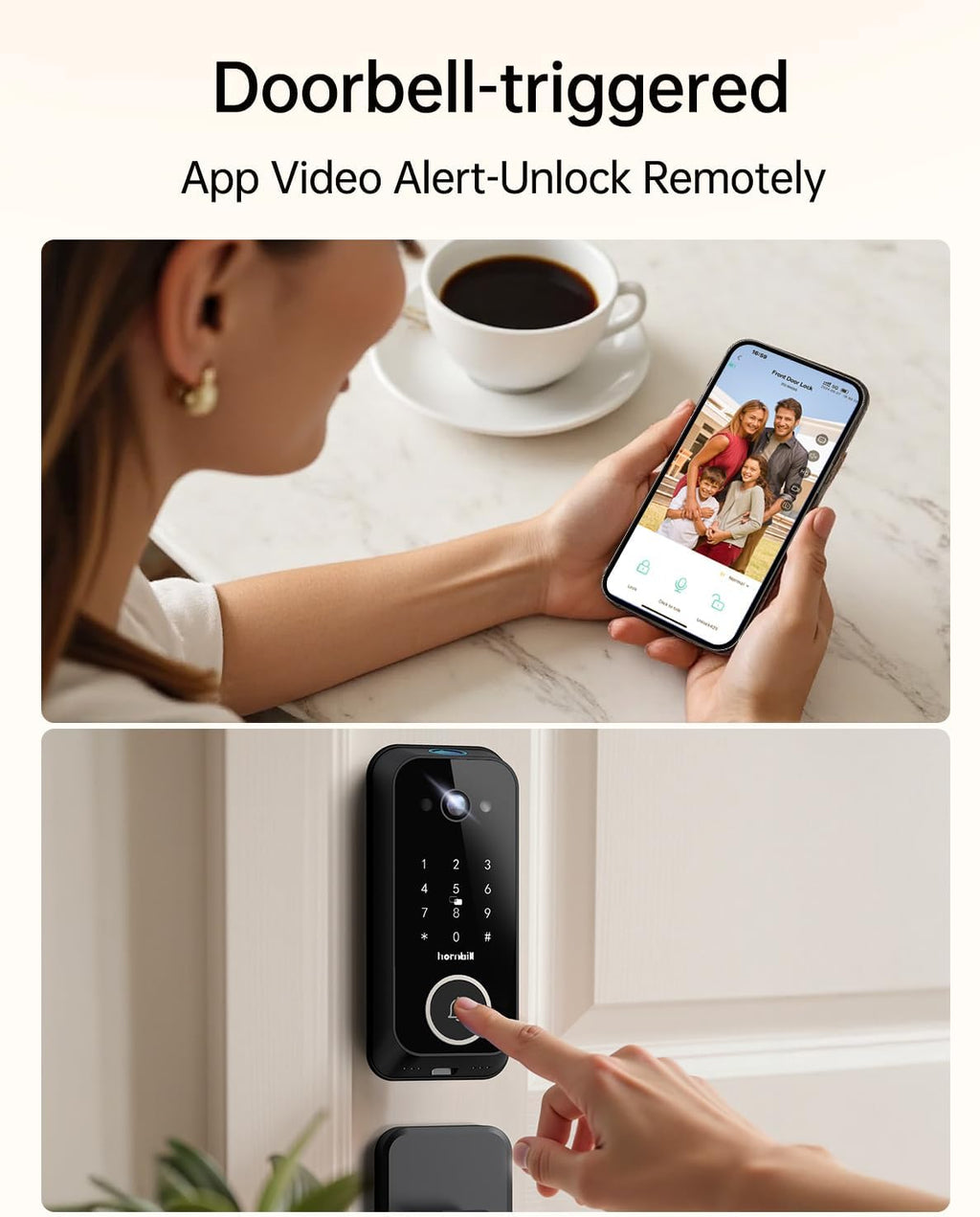 Video Smart Lock with Camera: 4-in-1 Ring+2K Camera+Doorbell+Fingerprint Hornbill Keyless Entry Door Lock, Built-in WiFi Deadbolt(only 2.4G), Two-Way Audio/App Remote Control/PIR, No Monthly Fee