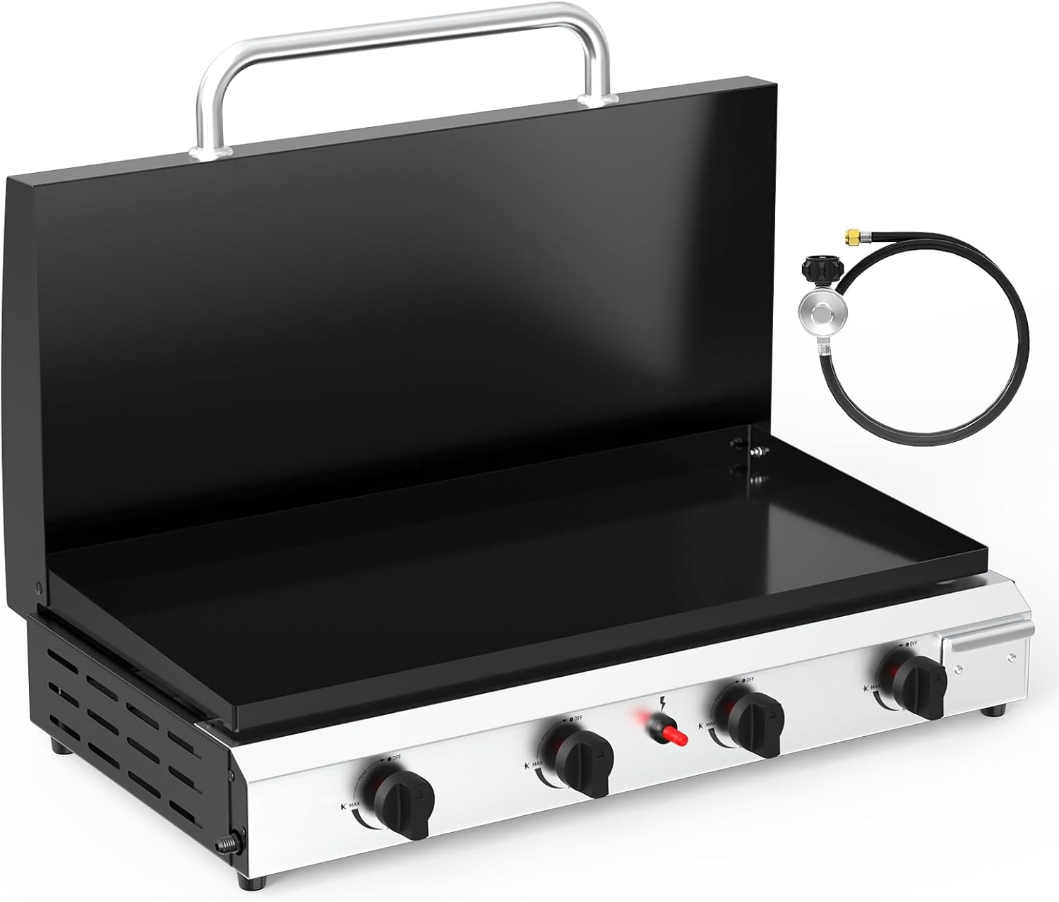 Bonnlo 4 Burner Portable Propane Griddle with Lid, 40000BTU Tabletop Flat Gas Grill with Ignition and Oil Collector, Camping Griddle for Outdoor Cooking Patio Backyard Sandbeach BBQ Party