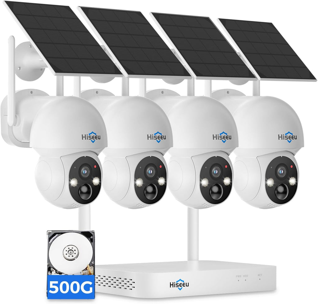 Hiseeu Solar Camera Wireless Outdoor, Home Security Camera System, 2.4G & 5G WiFi, Solar-Powered 4MP 4 Cam-Kit, Color Night Vision, 360° View, Pan & Tilt, 1TB HDD Local Recording, No Subscription