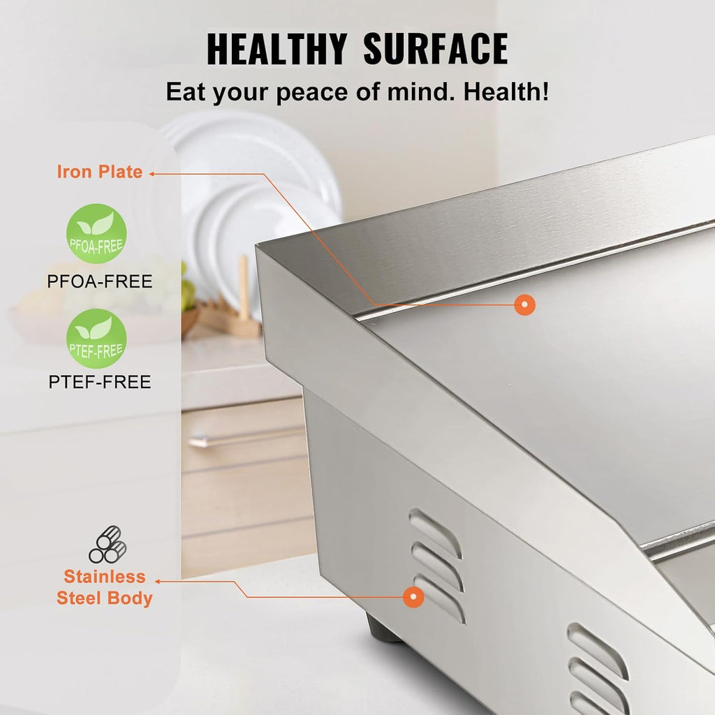 VEVOR Commercial Electric Griddle, 22', 1600W Countertop Flat Top Griddle, Stainless Steel Teppanyaki Grill w/Iron Cooking Plate, 122-572℉ Adjustable Temp Control 2 Shovels & Brushes, 110V