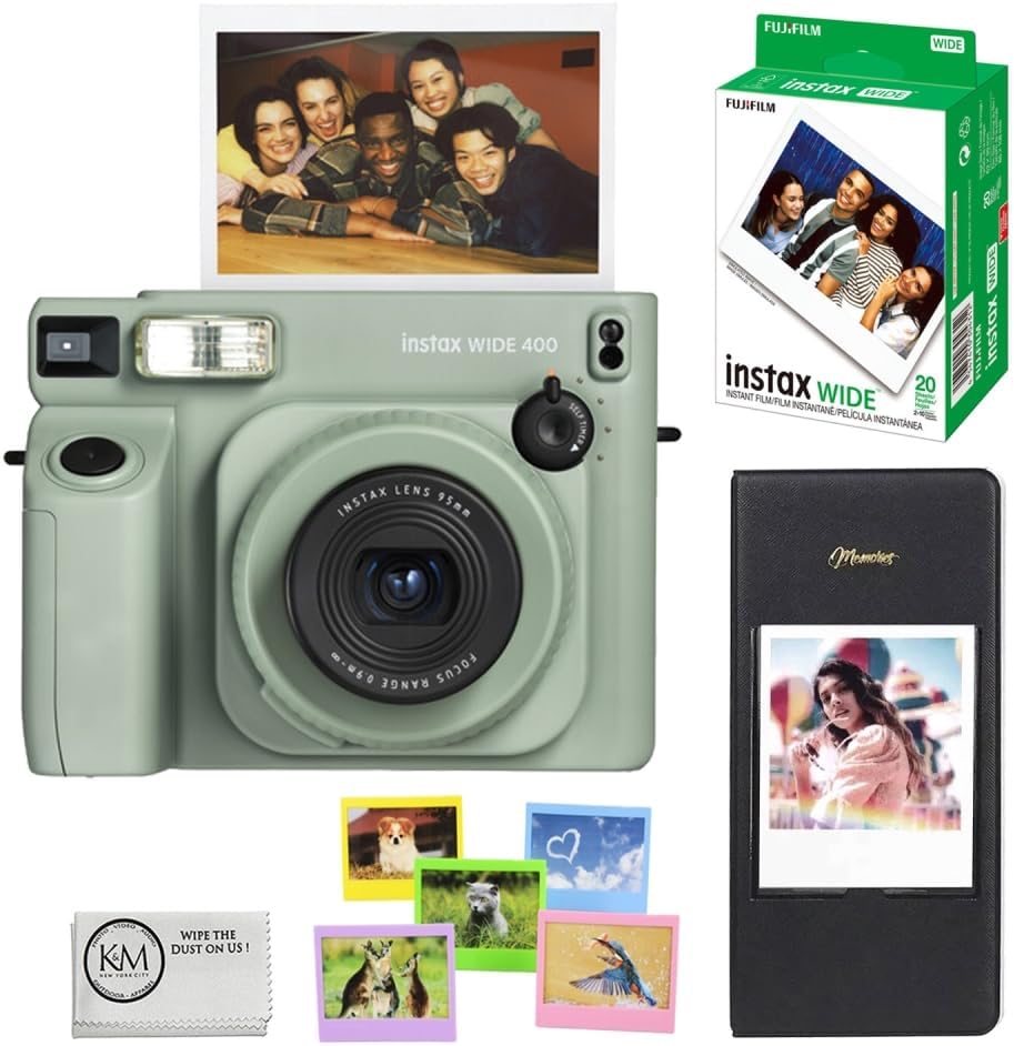 FUJIFILM INSTAX Wide 400 Instant Camera | Sage Green Bundled with INSTAX Wide Instant Film | 20 Exposures + Wide Album & Colored Frames + Cleaning Cloth (4 Items)